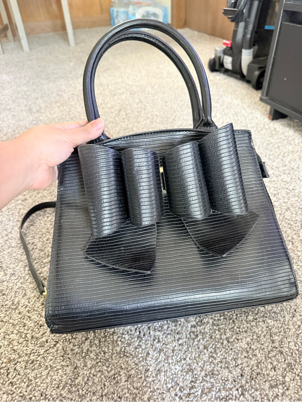 Elegant Black Structured Top-Handle Satchel with Bow Detail